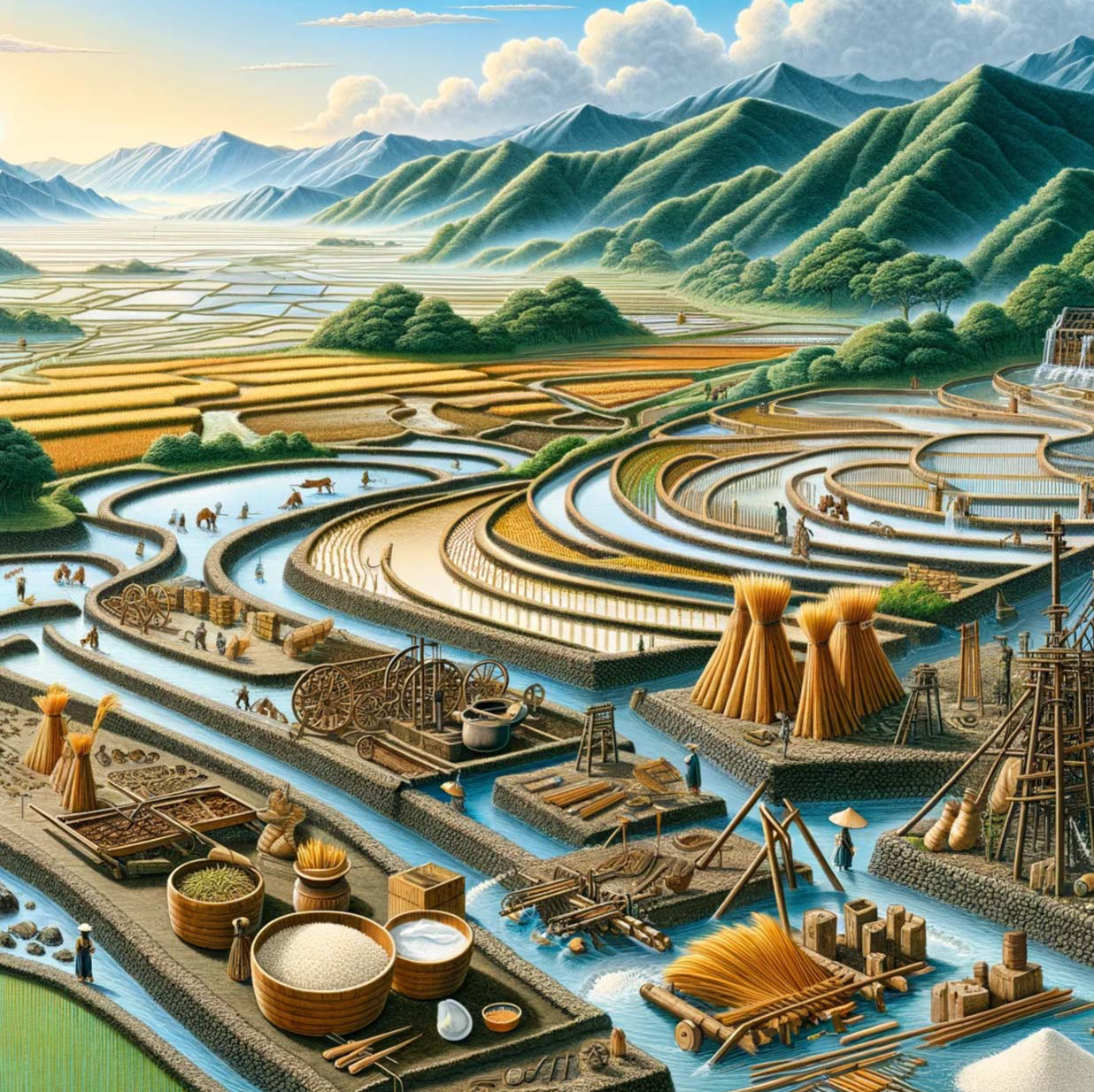 古代日本の稲作進化を描く：水田開発と灌漑システムの歴史の画像