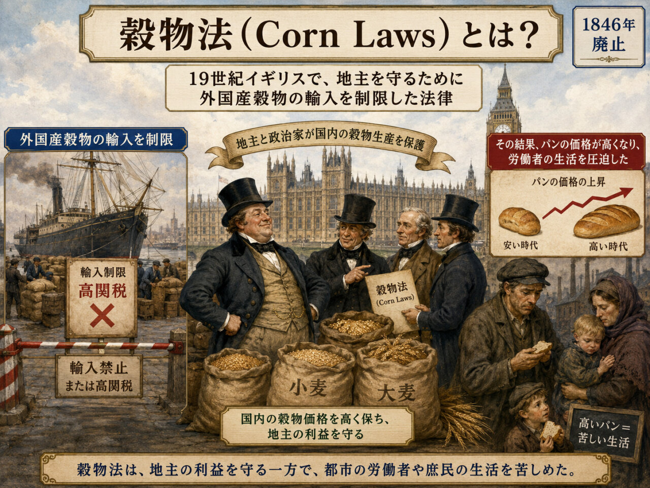【世界史】『穀物法』の正体｜なぜ「パンの値段」を巡る30年論争は、ジャガイモの病気で決着したのか？の画像