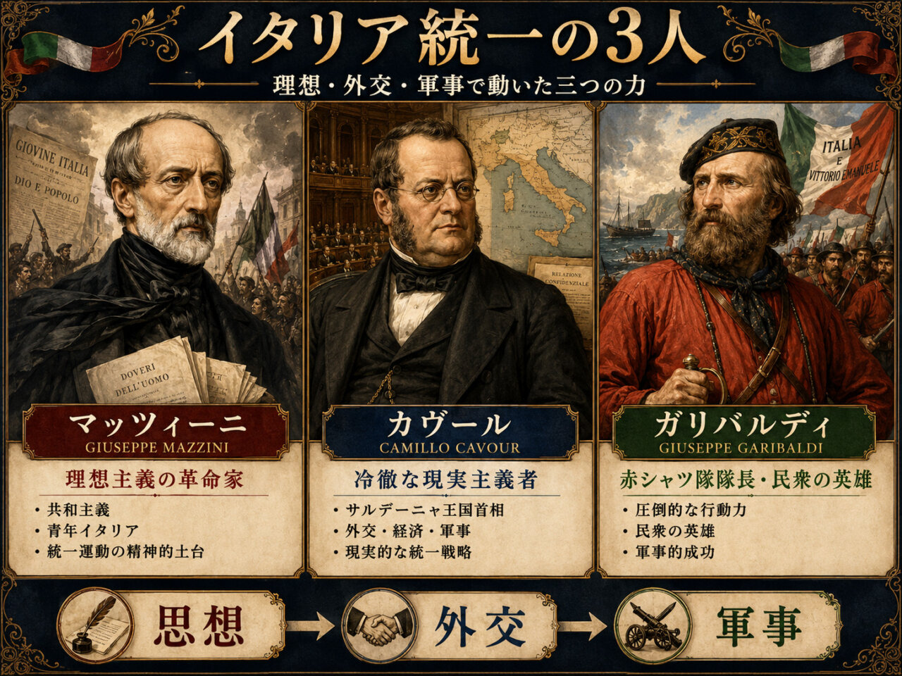 【世界史】イタリア統一の正体｜なぜ反目し合う「3人の天才」はひとつの国を作れたのか？の画像