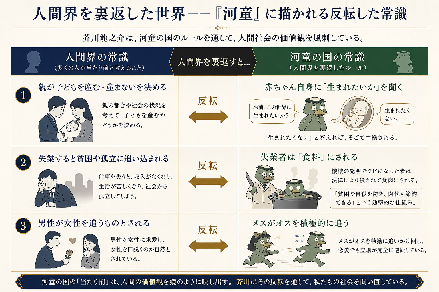 人間界と河童の国の常識の対比図——芥川龍之介『河童』